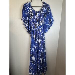 Une Ame Blue Floral‎ Boho Bell Sleeve Off The Shoulder Maxi Dress Large Womens